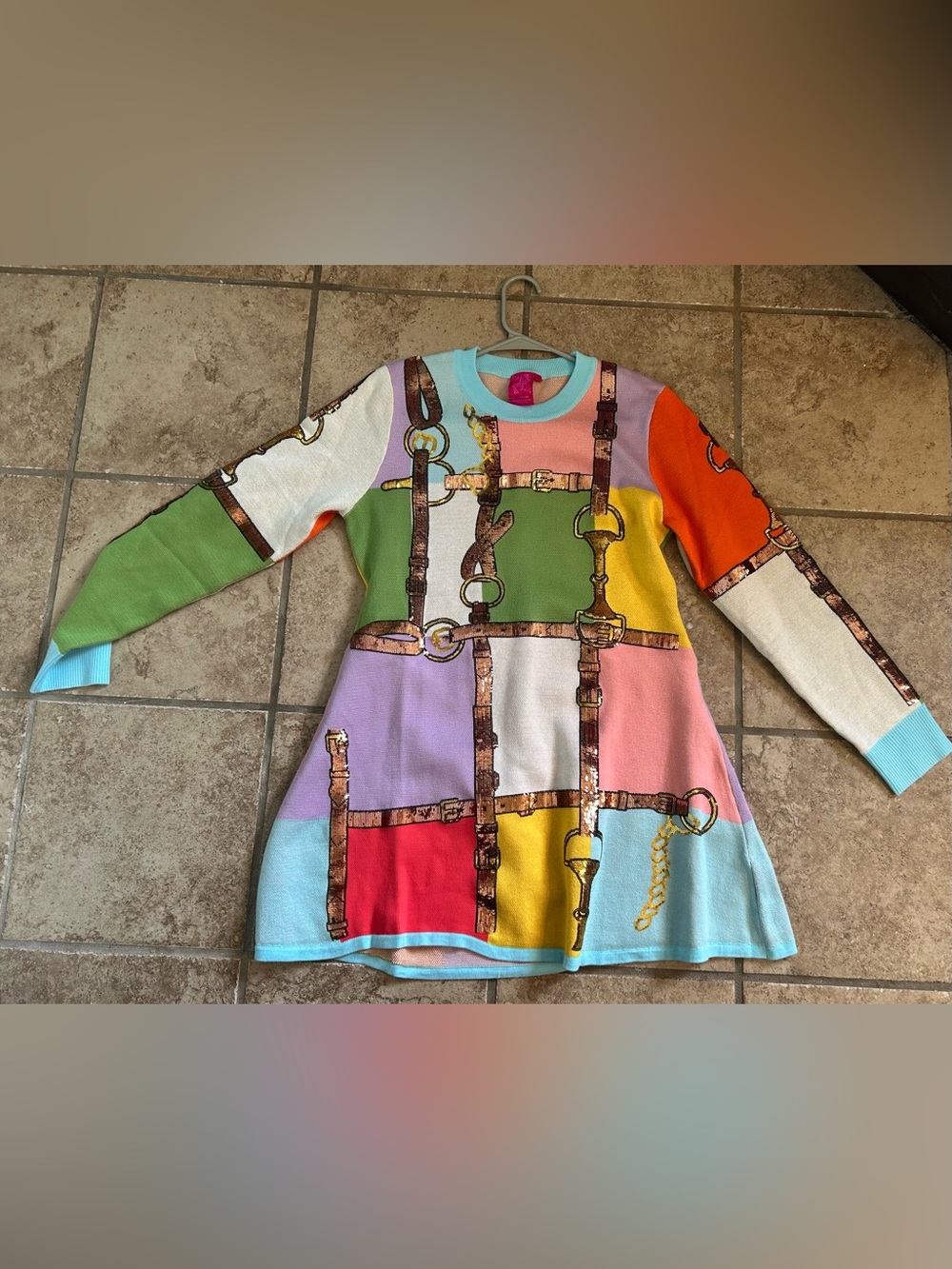 Queen of sparkles Colorblock Knit Horsebit Print Long Sleeve Sweater Dress